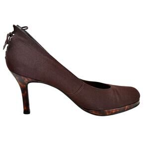 Stuart Weitzman Tortoise Heel Back Laced Brown Fabric Pumps